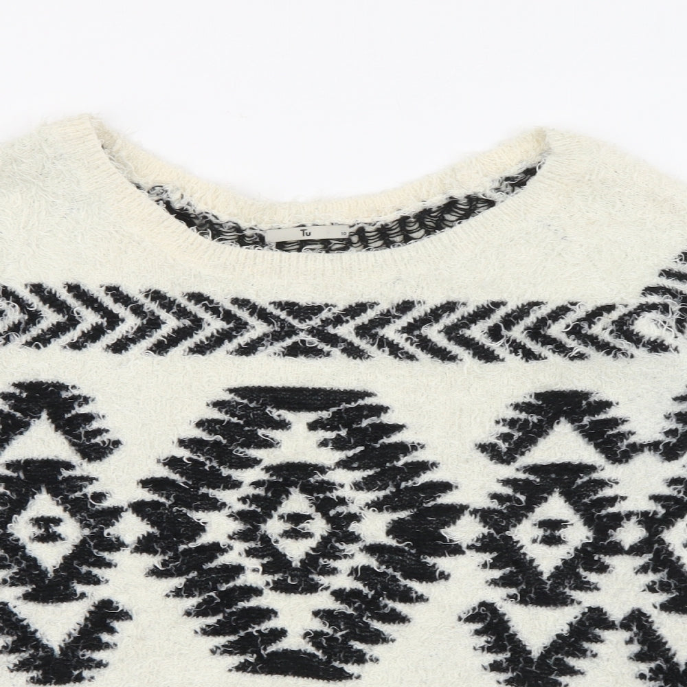 TU Womens White Scoop Neck Geometric Polyester Pullover Jumper Size 10