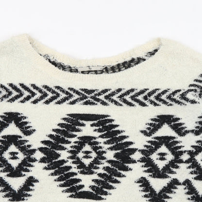 TU Womens White Scoop Neck Geometric Polyester Pullover Jumper Size 10