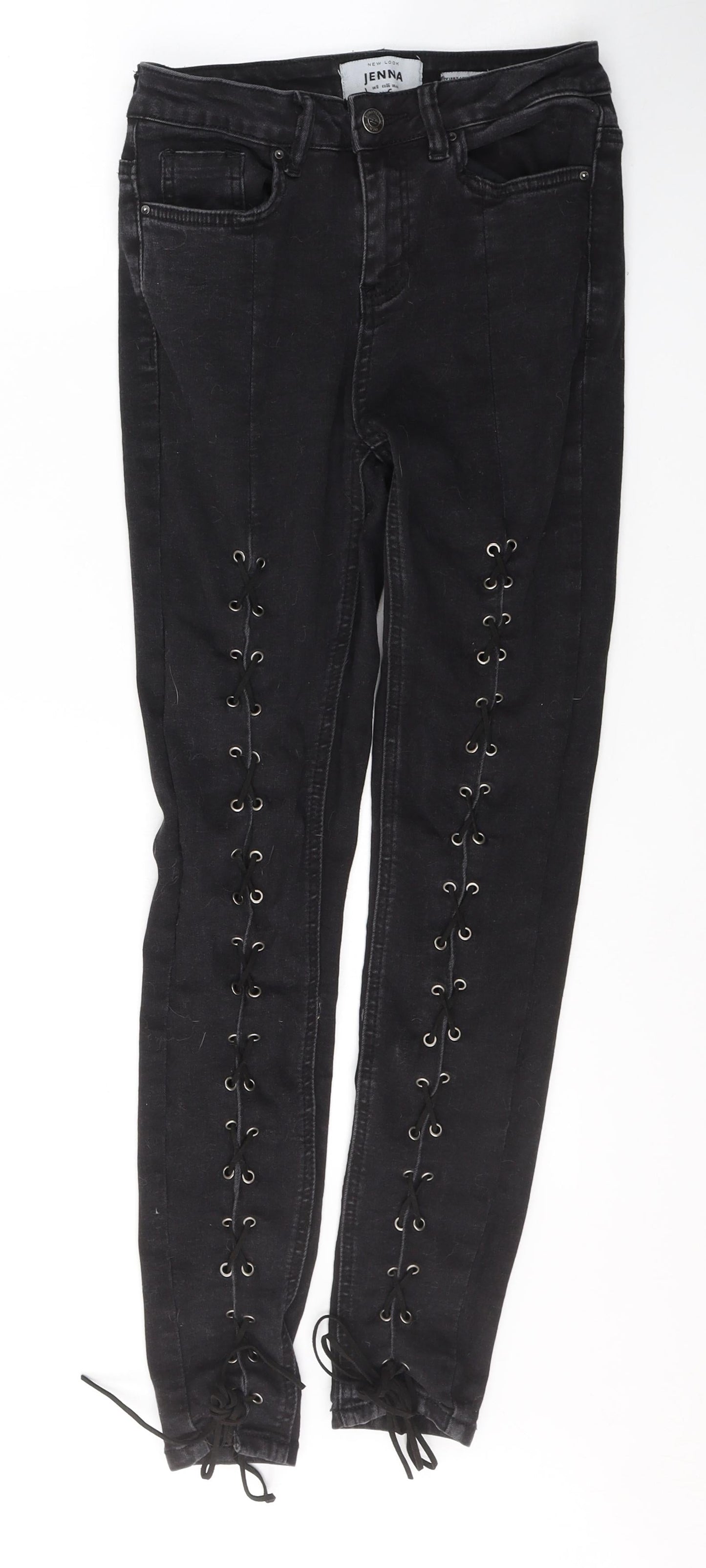 New Look Womens Black  Cotton Skinny Jeans Size 8 L28 in Regular Button - Tie up front Detail