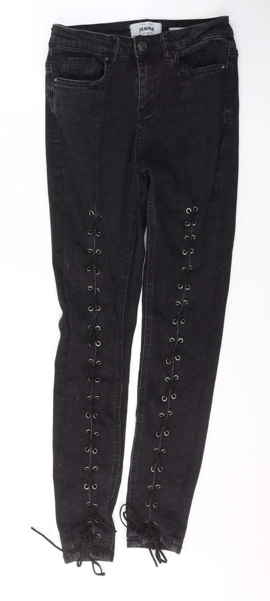 New Look Womens Black  Cotton Skinny Jeans Size 8 L28 in Regular Button - Tie up front Detail