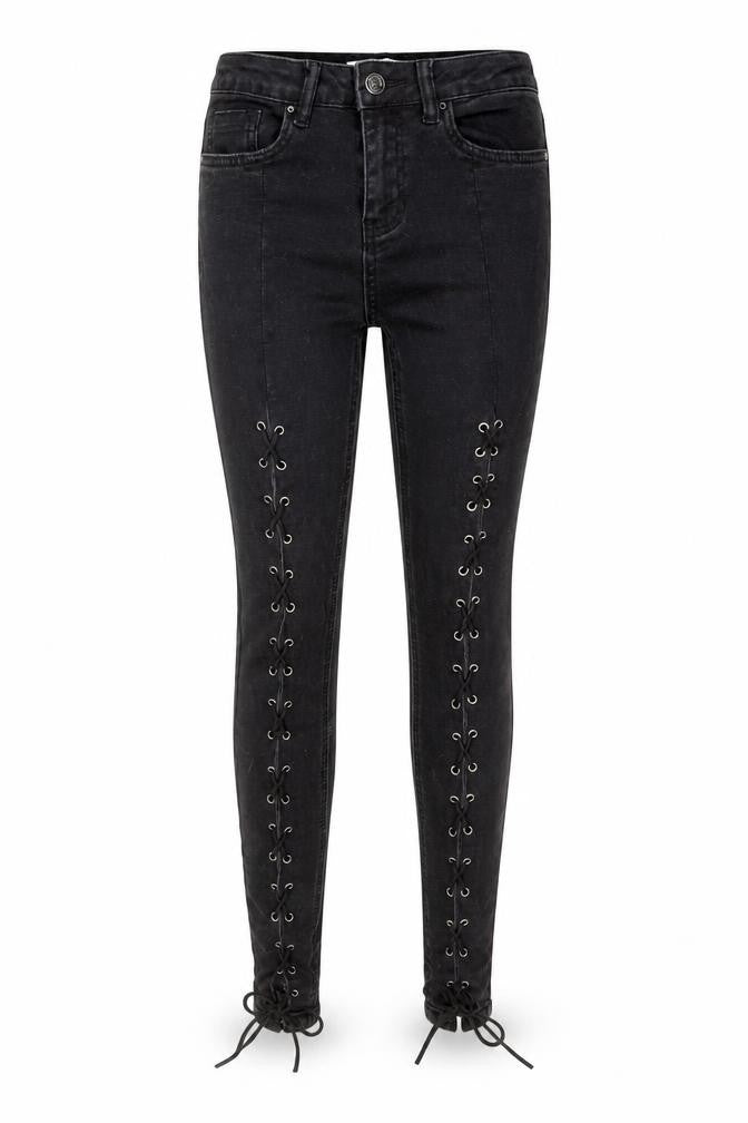 Front view of New Look women’s black cotton skinny jeans, size UK 8, 28-inch leg regular button - tie up front detail