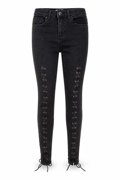 Front view of New Look women’s black cotton skinny jeans, size UK 8, 28-inch leg regular button - tie up front detail