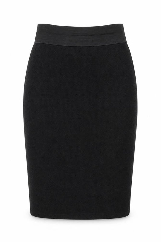 Front view of Dunnes women’s black geometric polyester a-line skirt, size S