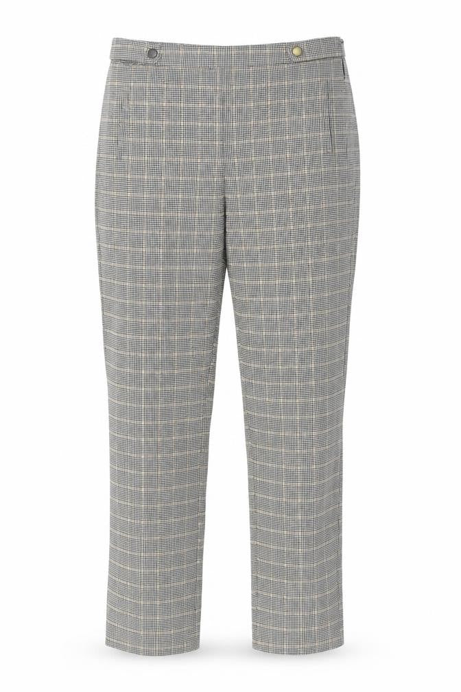 Front view of New Look women’s grey houndstooth viscose trousers, size UK 12, 27-inch leg regular zip