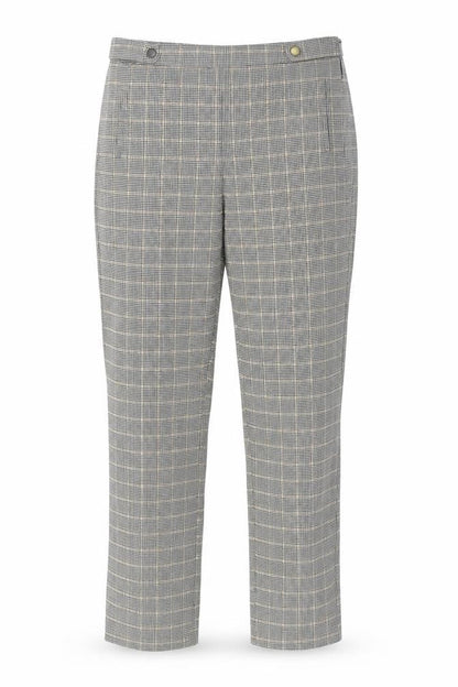 Front view of New Look women’s grey houndstooth viscose trousers, size UK 12, 27-inch leg regular zip