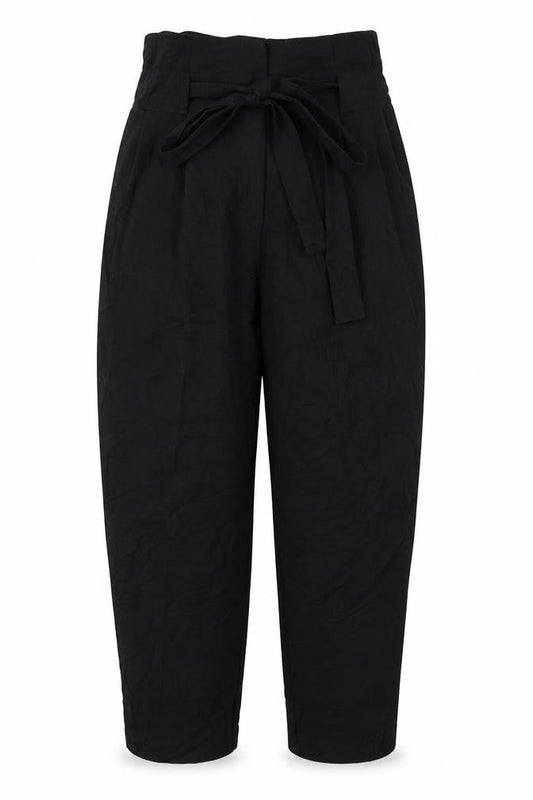 Front view of ASOS women’s black polyester trousers, size UK 8, 23-inch leg regular button