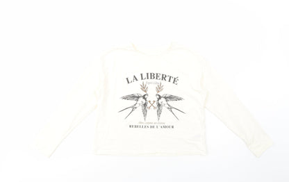 Dunnes Stores Girls Ivory  Cotton Pullover T-Shirt Size 10-11 Years Crew Neck Pullover - Birds