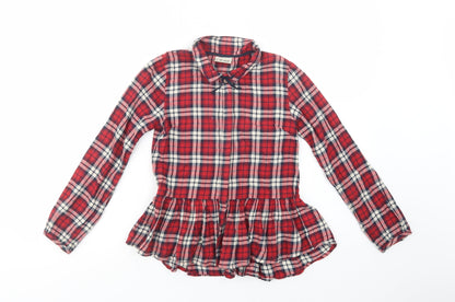 NEXT Girls Red Plaid Cotton Basic Button-Up Size 10 Years Collared Button