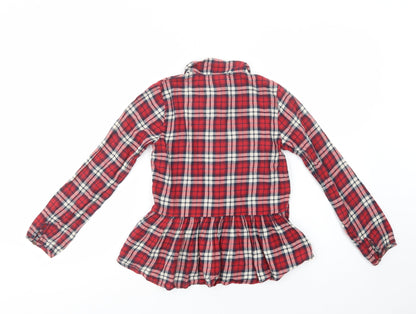 NEXT Girls Red Plaid Cotton Basic Button-Up Size 10 Years Collared Button