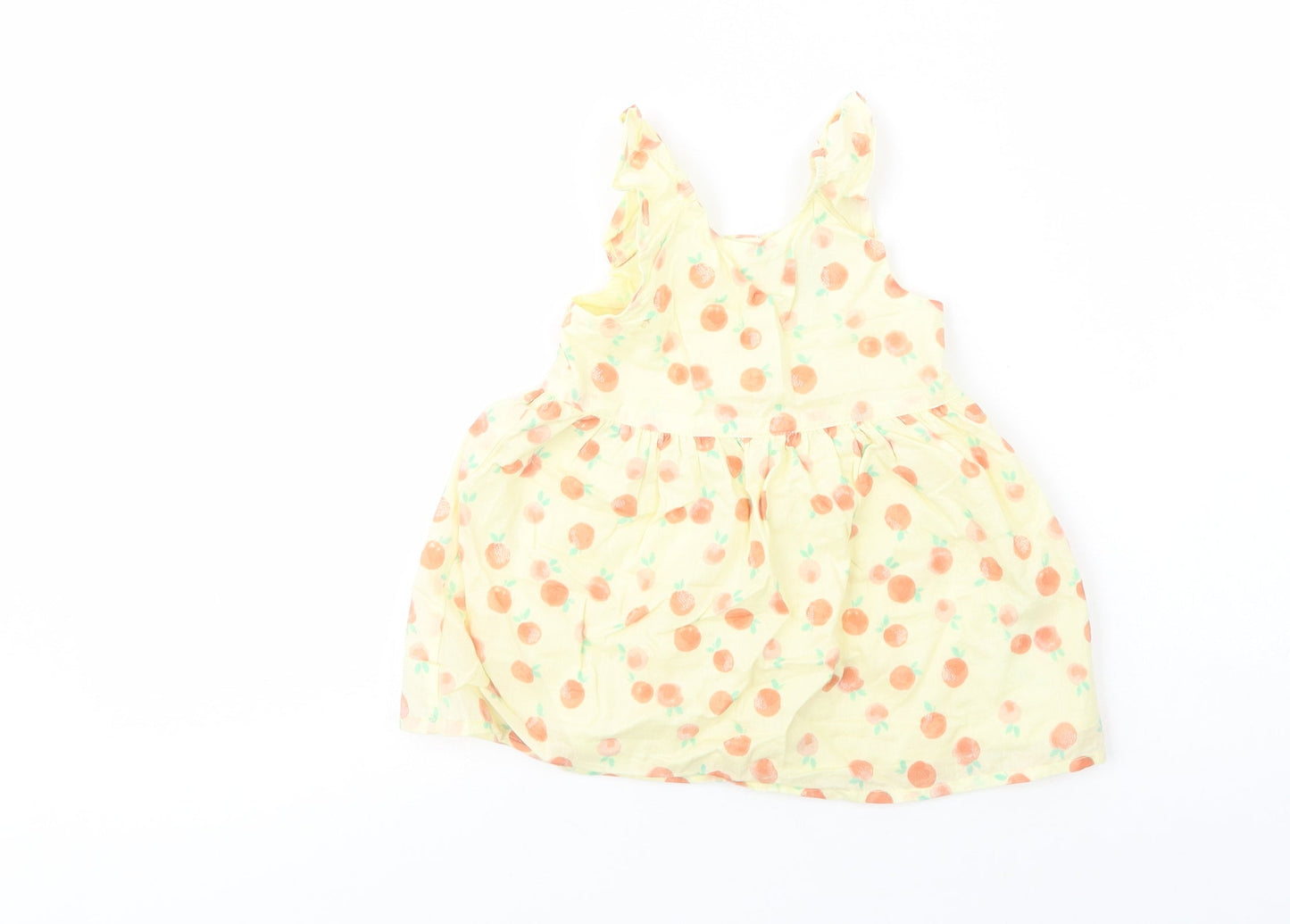 Primark Baby Yellow Geometric Cotton Tank Dress  Size 9-12 Months  Scoop Neck Button - Peach Print