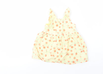 Primark Baby Yellow Geometric Cotton Tank Dress  Size 9-12 Months  Scoop Neck Button - Peach Print