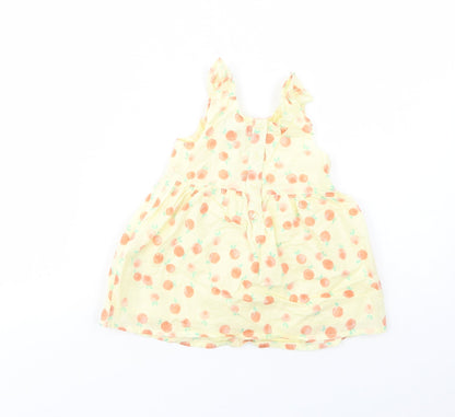 Primark Baby Yellow Geometric Cotton Tank Dress  Size 9-12 Months  Scoop Neck Button - Peach Print