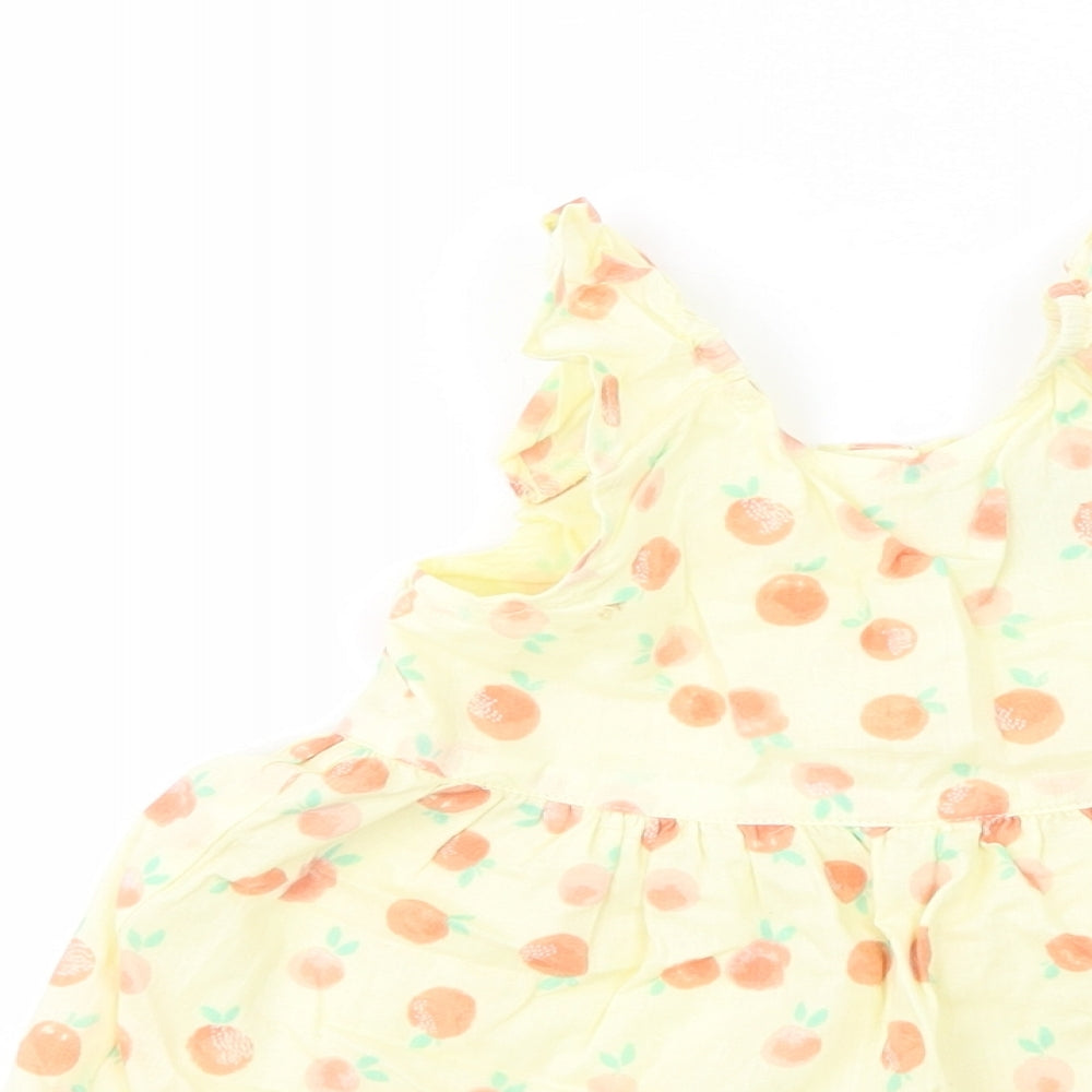 Primark Baby Yellow Geometric Cotton Tank Dress  Size 9-12 Months  Scoop Neck Button - Peach Print