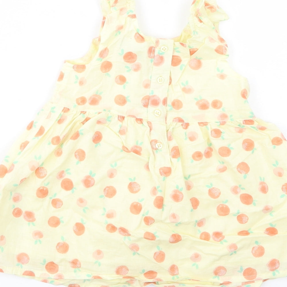 Primark Baby Yellow Geometric Cotton Tank Dress  Size 9-12 Months  Scoop Neck Button - Peach Print