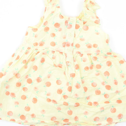 Primark Baby Yellow Geometric Cotton Tank Dress  Size 9-12 Months  Scoop Neck Button - Peach Print