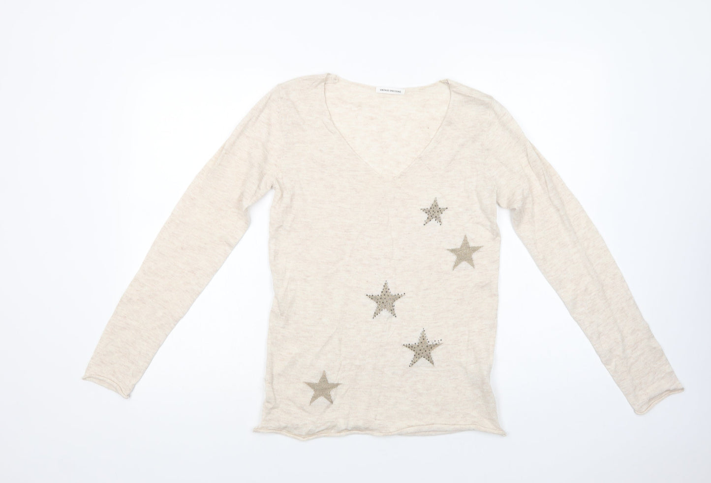 Vintage Dressing Womens Beige V-Neck  Polyester Pullover Jumper Size S   - Stars