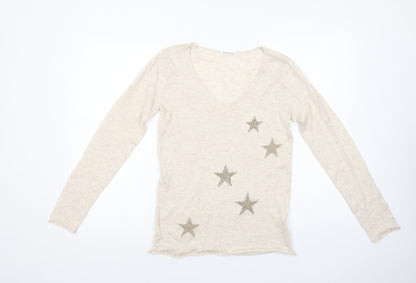 Vintage Dressing Womens Beige V-Neck  Polyester Pullover Jumper Size S   - Stars