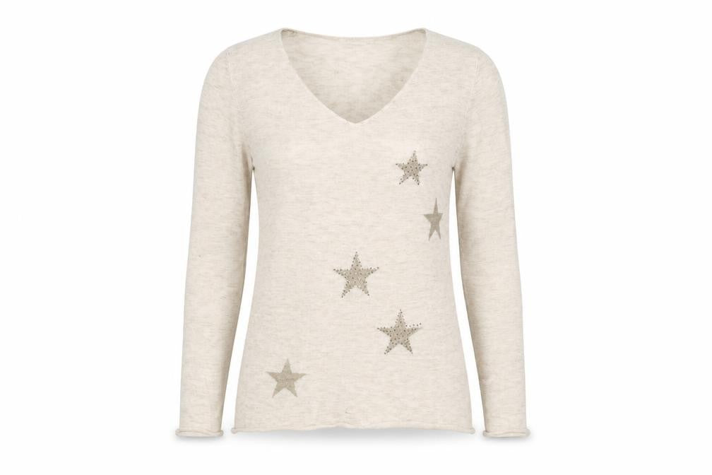 Front view of Vintage Dressing women’s beige v-neck polyester jumper, size S, - stars