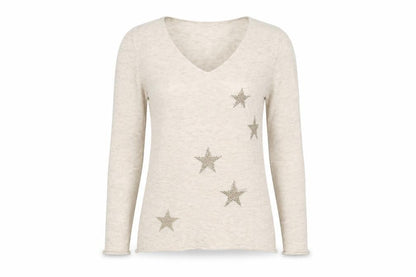 Front view of Vintage Dressing women’s beige v-neck polyester jumper, size S, - stars