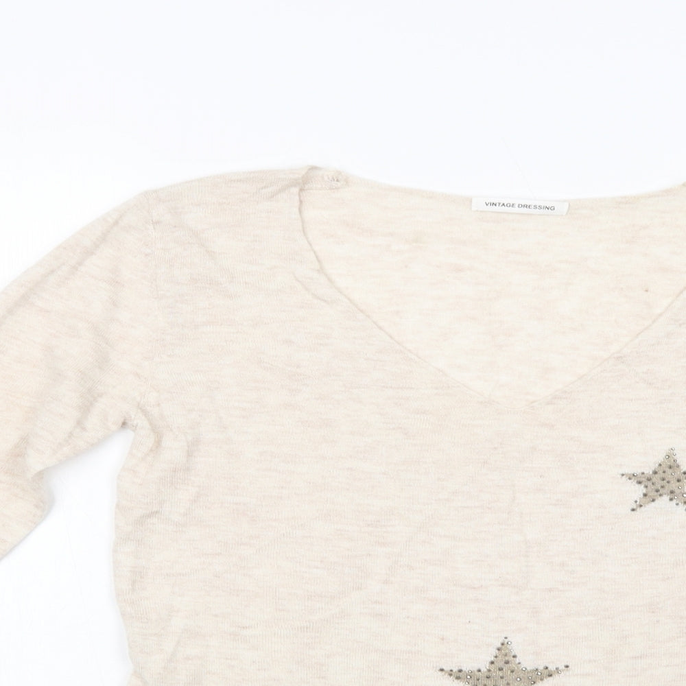 Vintage Dressing Womens Beige V-Neck  Polyester Pullover Jumper Size S   - Stars