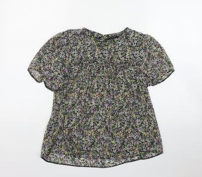 George Womens Black Floral Polyester Basic T-Shirt Size 8 Round Neck