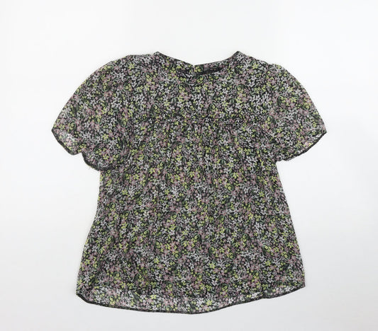 George Womens Black Floral Polyester Basic T-Shirt Size 8 Round Neck