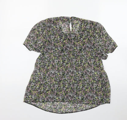 George Womens Black Floral Polyester Basic T-Shirt Size 8 Round Neck