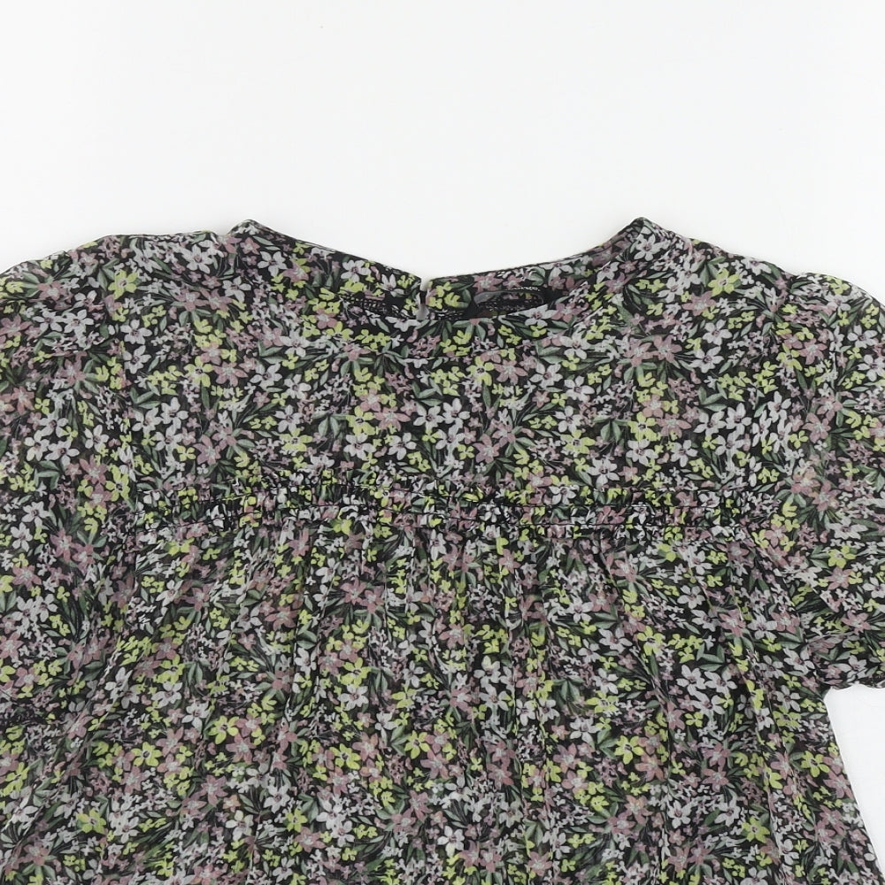 George Womens Black Floral Polyester Basic T-Shirt Size 8 Round Neck