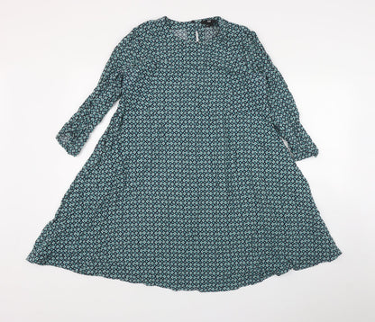 H&M Womens Green Geometric Viscose Fit & Flare  Size 10  Round Neck Button