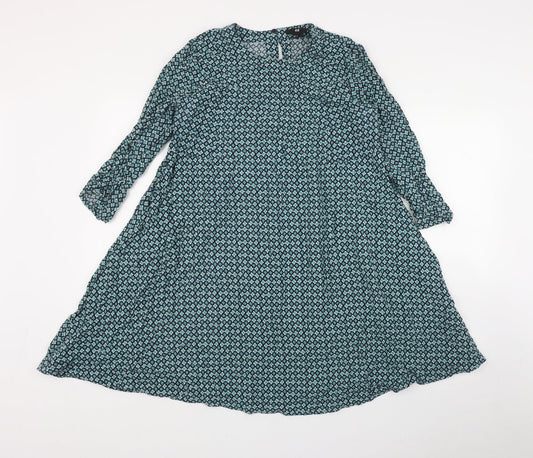 H&M Womens Green Geometric Viscose Fit & Flare  Size 10  Round Neck Button
