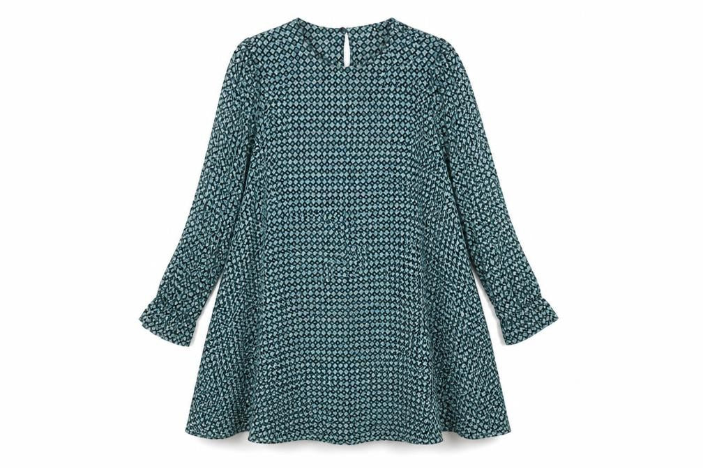 Front view of H&M women’s green geometric viscose fit & flare, size UK 10, round neck button