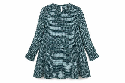 Front view of H&M women’s green geometric viscose fit & flare, size UK 10, round neck button
