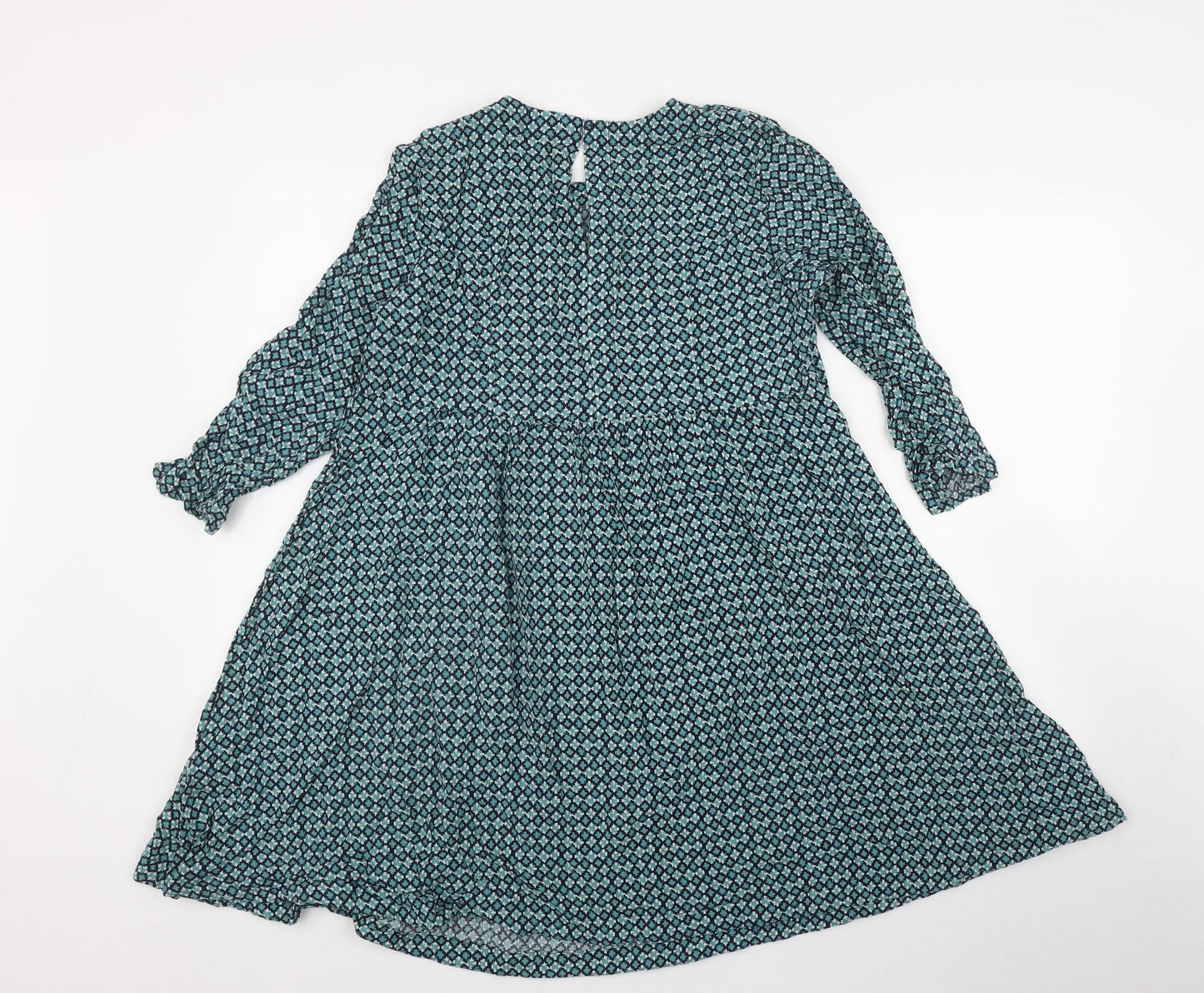 H&M Womens Green Geometric Viscose Fit & Flare  Size 10  Round Neck Button
