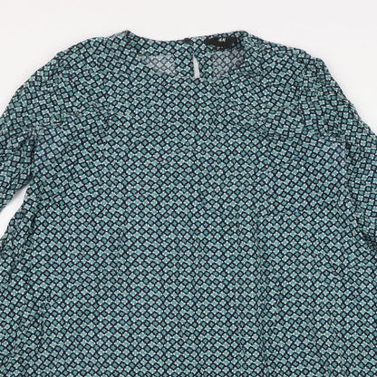 H&M Womens Green Geometric Viscose Fit & Flare  Size 10  Round Neck Button