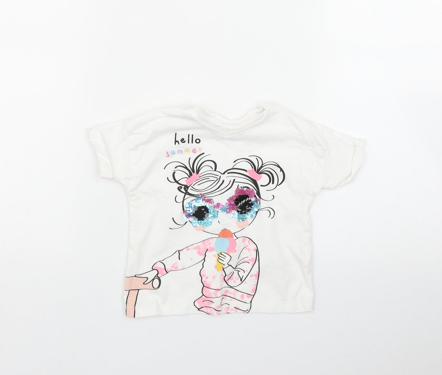 Matalan Girls White  Cotton Basic T-Shirt Size 9-12 Months Round Neck  - 'Hello Summer'