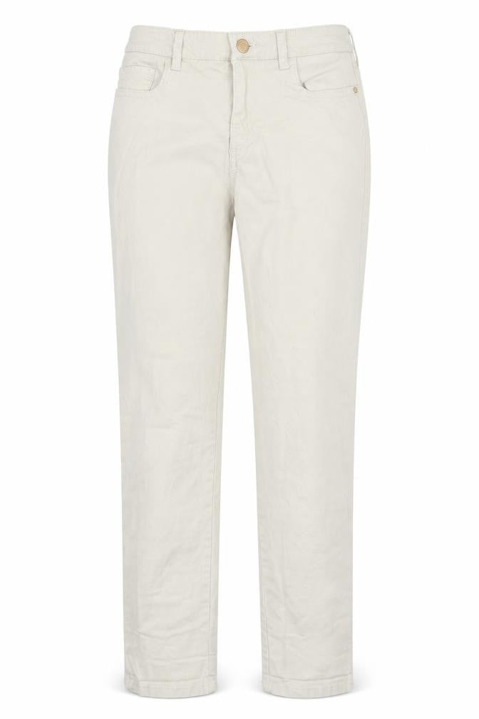Front view of F&F women’s beige cotton skinny jeans, size UK 6, 27-inch leg regular button