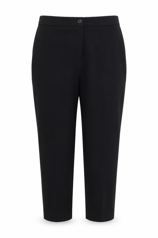 Front view of EWM women’s blue polyester trousers, size UK 22, 24-inch leg regular zip