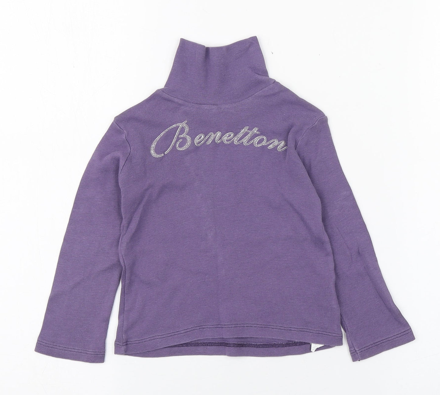 United Colors of Benetton Girls Purple  Cotton Basic T-Shirt Size 2 Years High Neck Pullover