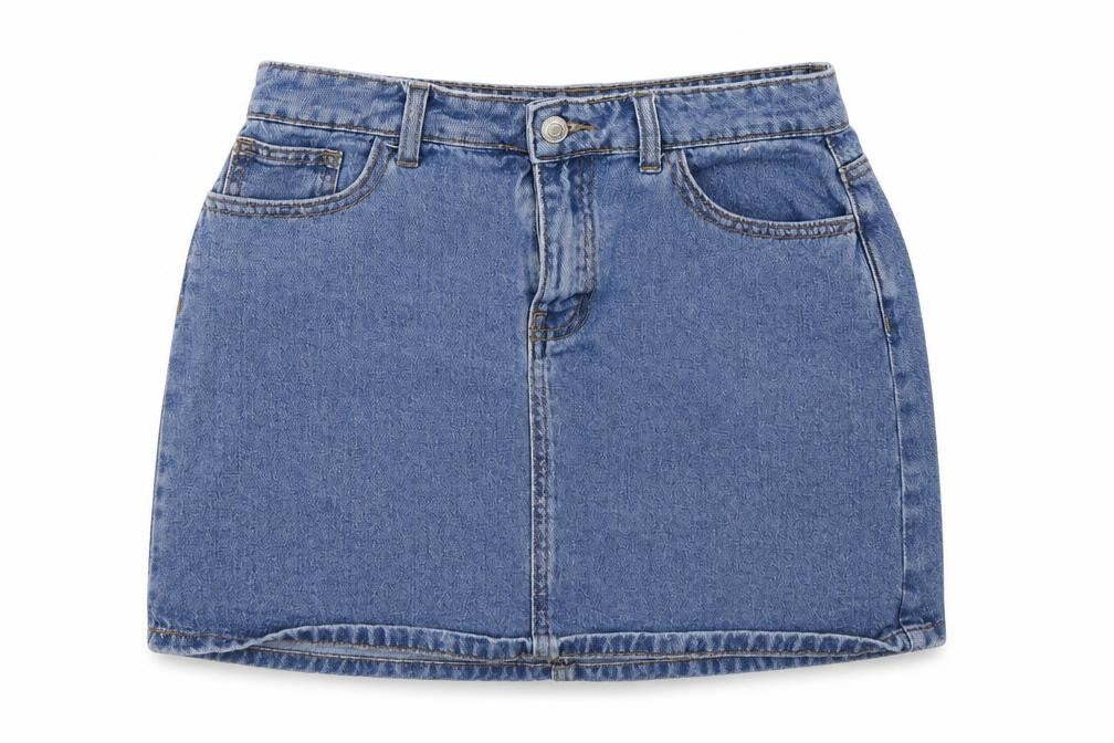 Front view of Denim co. women’s blue cotton a-line skirt, size UK 12, zip