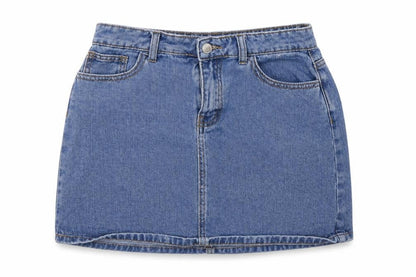 Front view of Denim co. women’s blue cotton a-line skirt, size UK 12, zip