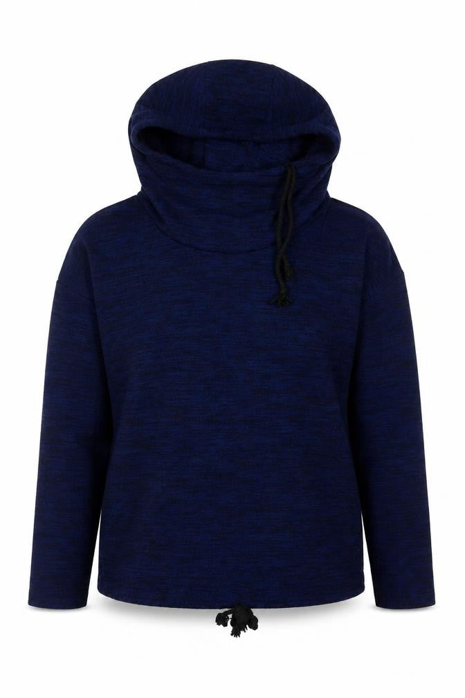 Front view of Dorimis women’s blue polyester pullover hoodie, size S, pullover