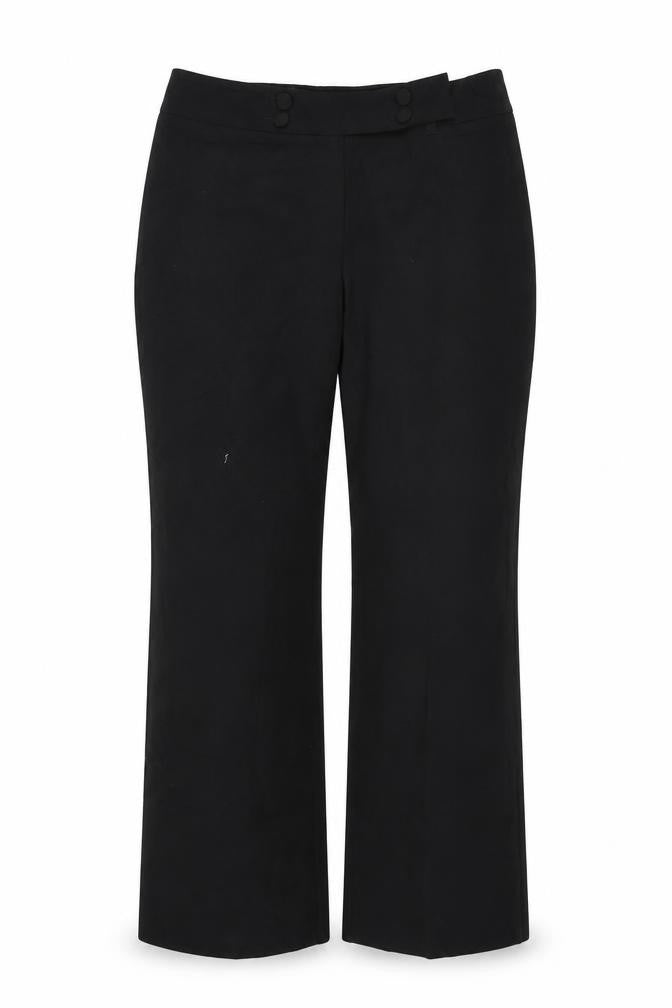 Front view of Marks & Spencer women’s black polyester trousers, size UK 10, 30-inch leg regular button