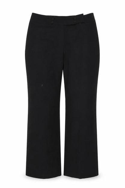 Front view of Marks & Spencer women’s black polyester trousers, size UK 10, 30-inch leg regular button