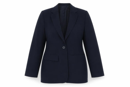 Front view of Marks & Spencer women’s blue biker jacket, size UK 10, button