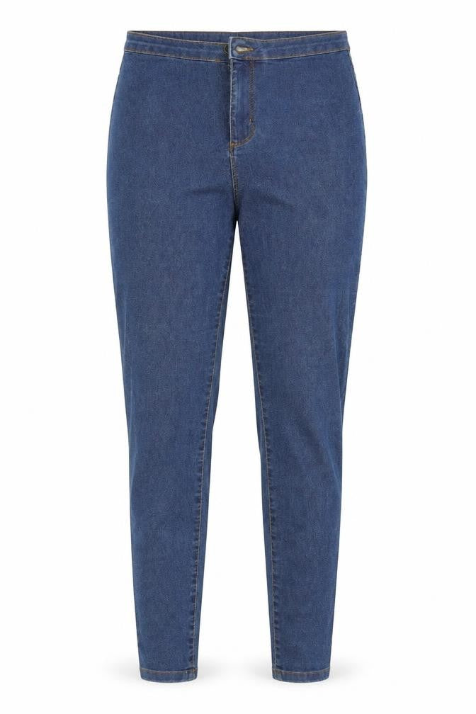 Front view of Denim & Co. women’s blue cotton jegging jeans, size UK 14, 29-inch leg slim zip