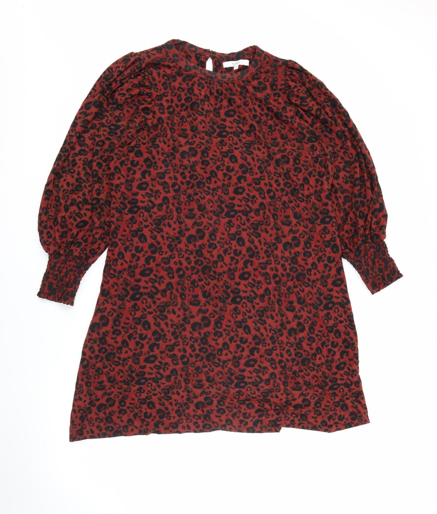 NEXT Womens Red Animal Print Viscose Sheath  Size 14  Crew Neck Button
