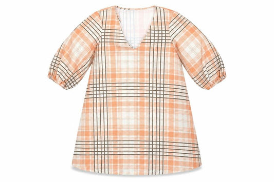 Front view of ASOS women’s orange plaid polyester shift, size UK 2, v-neck