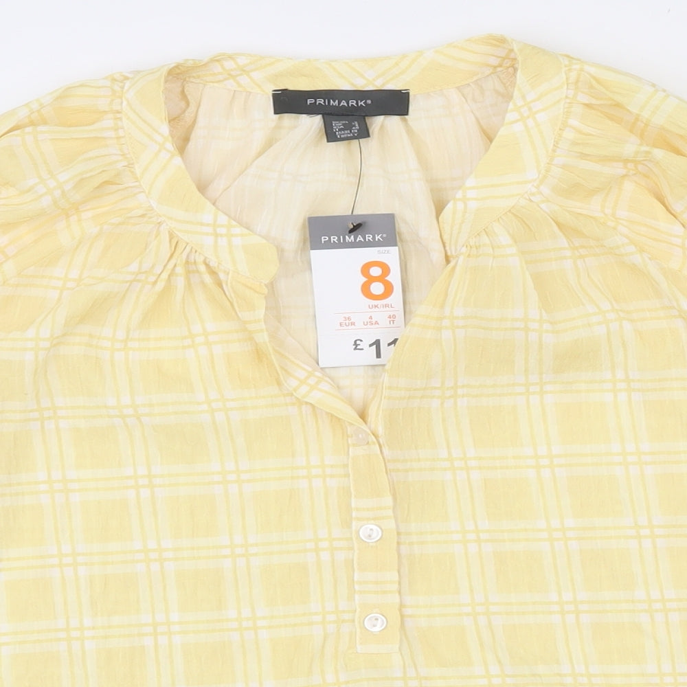 Primark Womens White Plaid Polyester Basic Blouse Size 8 Round Neck