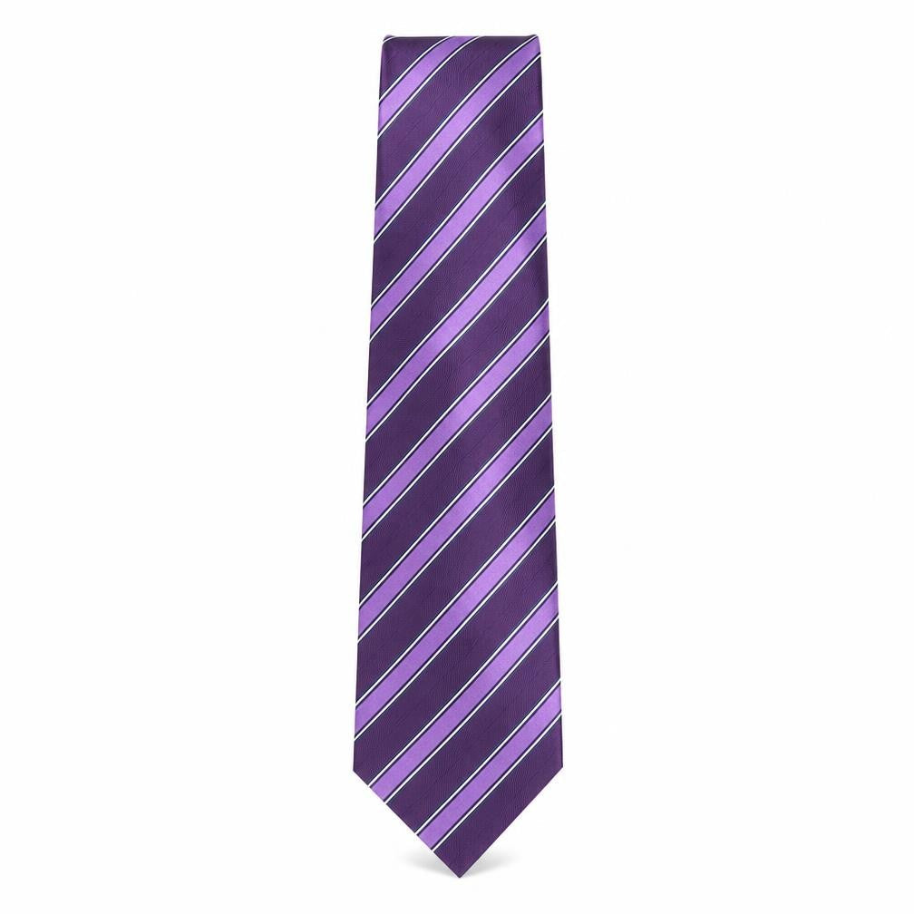 Front view of Nicole Miller men’s purple striped silk pointed tie one size