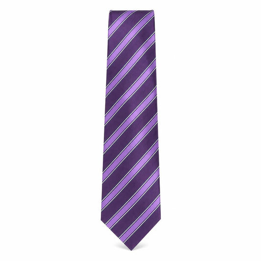 Front view of Nicole Miller men’s purple striped silk pointed tie one size